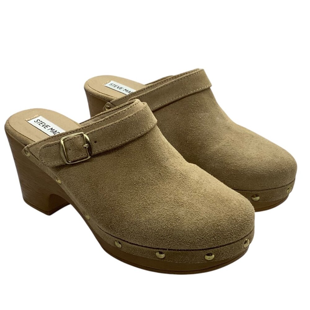 Steve Madden Tan Suede Clogs with Gold Buckle